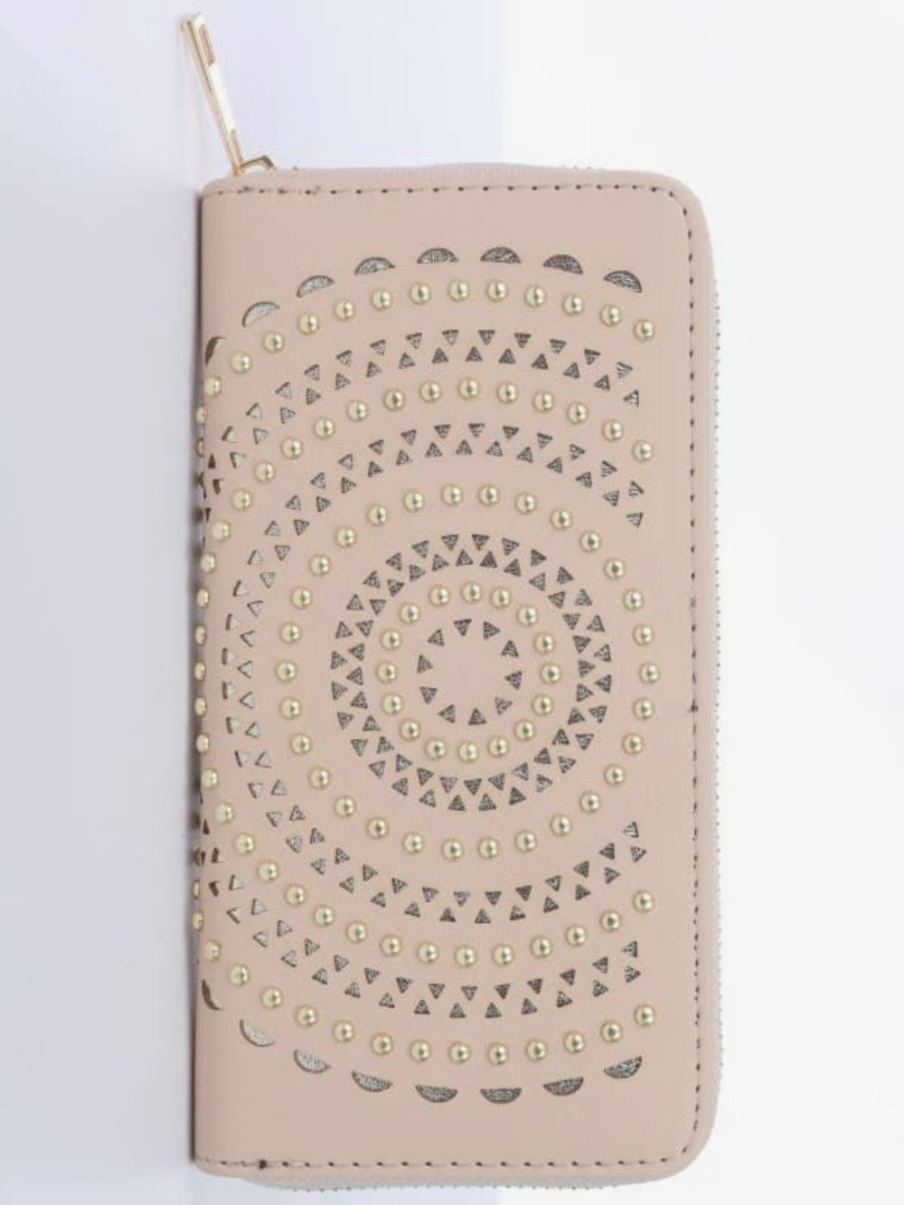 Cream Laser-Cut Studded Zip Wallet